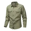 Men Army Green Long Sleeve Tactical Utility Shirt with Double Pockets and Button Front - Bean Green