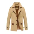 Men winter khaki fleece lined trench coat mid length casual cotton jacket outerwear - Khaki Fleece Lined