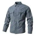 Men's long-sleeve tactical shirt in grey, casual outdoor button-down workwear top with pockets. - XS / Gray
