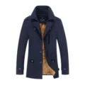 Men's Fleece Lined Trench Coat Dark Blue Winter Jacket Warm Thick Casual Outerwear - Navy Blue Fleece