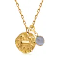 Collier en acier inoxydable doré avec pendentif zodiaque et pierre de naissance bleue. - Pendentif Rond Bélier / Bélier