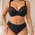 Große Größen Bügel-BH und Slip Set, schwarzes gestreiftes Mesh atmungsaktive bequeme Lingerie. - 85C-0XL / Schwarz