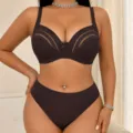 Große Größen Bügel-BH und Slip Set mit gestreiftem Mesh atmungsaktiver Komfort Artikel. - 85C-0XL / Violett Grau