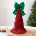 Mini Tannenbaum aus rotem Lametta mit grüner Schleife, 23cm Weihnachtsfenster Dekoration Tisch. - 23cm / Rot