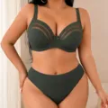 Plus Size dunkelgrünes gestreiftes Mesh BH und Höschen Set bequeme Unterwäsche - Grün