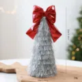 Silberner Lametta-Weihnachtsbaum mit roter Schleife Tisch Feiertags Dekoration Ornamente. - 23cm / Silber