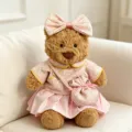 Cute brown teddy bear plush toy with pink traditional Chinese dress, bow and mini bag. - Pink New Chinese Style Set / Fits 28cm Size