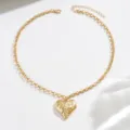 Collana con ciondolo a cuore martellato vintage francese, elegante catena clavicolare dorata. - YR4544-1