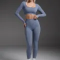 Seamless long sleeve crop top and high waist yoga leggings fitness set for women - S / Top And Bottom / Grey Blue