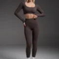 Seamless Fitness Yoga Gym Set Long Sleeve Crop Top And High Waist Leggings Brown - S / Top And Bottom / Coffee Bean