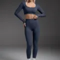 Dark grey seamless long sleeve crop top and high waist leggings activewear set for women - S / Top And Bottom / Midnight Blue