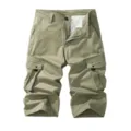 Close-up detail view of men's casual khaki cargo shorts with multi pockets and zipper fly. - 30 / Khaki