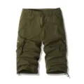 Men's military green casual cargo 3/4 shorts with pockets, ideal for outdoor sports. - 30 / Army Green