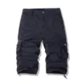 Men's casual dark blue cargo shorts detail shot, multi-pocket knee-length outdoor summer pants. - 30 / Black
