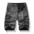 Men's washed dark grey denim cargo shorts, casual multi-pocket retro five-quarter pants. - 30 / Bottoms / Black