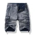 Men retro washed denim cargo shorts casual multi-pocket five point denim shorts grey blue - 30 / Bottoms / Gray