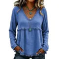 Women solid color casual long sleeve V-neck blouse with chic fringe trim details and pockets. - Blue