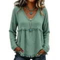 Loose V-neck fringe long sleeve top for women, solid color casual autumn blouse style. - Light Green