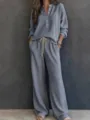 Women waffle knit two-piece lounge set long sleeve top and drawstring pants casual wear - S / Top And Bottom / Gray
