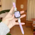 Metal flower leather watch strap compatible with Apple Watch, elegant purple accessory. - Purple - White Flower