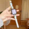 Metal flower leather watch band compatible with Apple Watch, stylish blue strap detail. - Blue - Blue Flower