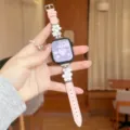 Pink leather metal flower watch band compatible with Apple Watch, stylish rhinestone charm strap. - Pink - Silver Buckle White Flower