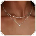 Collana a doppia catena color argento con catenina a sfere e ciondolo in zircone. - Catena Appiattita + Set di Collana in Zirconia Due Pezzi