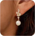 Pendientes de perla estilo francés elegantes hoja oro circonita colgantes mujer chic - Estilo 2