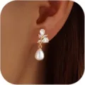 French style pearl drop earrings with sparkling cubic zirconia floral stud and elegant design. - Style 6