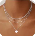 Collana minimalista a catena d'argento multistrato con ciondolo a moneta da donna chic moda - Collana a Triplo Strato Disco Argento Catena Magica 3mm