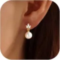 French pearl earrings featuring sparkling zirconia leaves and a dangling white pearl. Chic style. - Style 8
