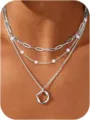 Set di collana multistrato argentata con perle e pendente ad anello ritorto per donna chic - Set di tre pezzi di collana con cerchio irregolare a catena di perle artificiali a graffetta argentata