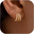 Boucles d'oreilles créoles multicouches plaquées or avec zircons brillants bijoux femme - Boucles d'Oreilles Clous Brillantes à Trois Griffes Dorées