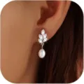 Eleganti orecchini con zirconi a foglia e perla in rame placcato oro 14K. - Stile 2 (ZR-NC-668) / 1 Paio/Confezione / Argento