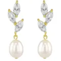 Eleganti orecchini di perle con foglie di zircone placcate in oro gioielli da festa di lusso. - Perla di Foglia / Oro