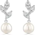 Eleganti orecchini pendenti di perla con foglia in zircone argento per donna festa banchetto - Perla di Foglia / Argento