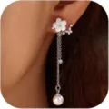 Eleganti orecchini pendenti con perle, catena lunga, fiore bianco e zirconi per le donne. - Stile 10 (ZR-NC-668) / 1 Paio / Argento