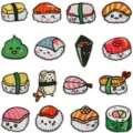 Cute cartoon sushi embroidered patches set for clothing, jackets, and backpacks DIY decoration. - 16 Pieces Set (X1FT)