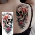 Waterproof temporary tattoo sticker with vintage skull and rose watercolor design for body art. - NZ1094 Pattern