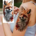 Realistic fox temporary tattoo sticker with red roses and autumn leaves for arm and leg. - NZ1207 / 19.8x9.6CM