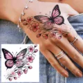 Pink butterfly cherry blossom temporary tattoo sticker for back of hand body art decor - HA223 / 8x8cm