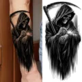 Adesivo per tatuaggio temporaneo Halloween teschio impermeabile, design mietitore scuro realistico. - NZ075 / 19.8x9.6CM