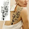 Stunning temporary tattoo sticker featuring a detailed fox and floral peony design for stylish wear. - NZ030 / 19.8x9.6CM