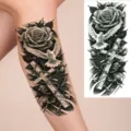 Adesivo per tatuaggio temporaneo impermeabile con realistico disegno di rosa, croce e colomba. - Stile Fiore di Rosa (NZ667)