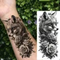 Fox and rose temporary tattoo sticker, realistic black and grey design for arm and leg. - NZ032 / 19.8x9.6CM
