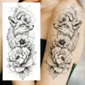 Temporary tattoo sticker featuring a elegant fox and peony flower sketch design for arm or leg. - NZ033 / 19.8x9.6CM
