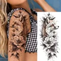 Waterproof temporary tattoo sticker featuring an elegant fox and floral peony design. - NZ034 / 19.8x9.6CM