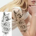 Temporary fox and peony flower tattoo sticker for arm and leg decoration, waterproof body art. - NZ035 / 19.8x9.6CM