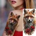Temporary tattoo sticker featuring a realistic fox and red roses design for arm and leg. - NZ1208 / 19.8x9.6CM