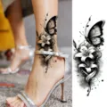 Tatouage temporaire papillon et lys, art corporel imperméable pour la cheville et le pied. - Papillon Monochrome Lys(FO110) / 15x7CM